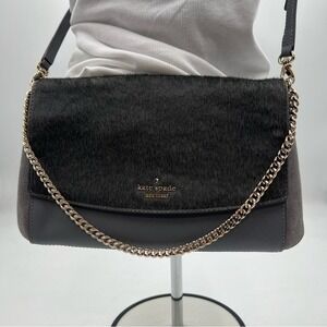 Kate Spade Charcoal Grey Calf Hair Saffiano‎ Leather Crossbody Bag Gold Chain